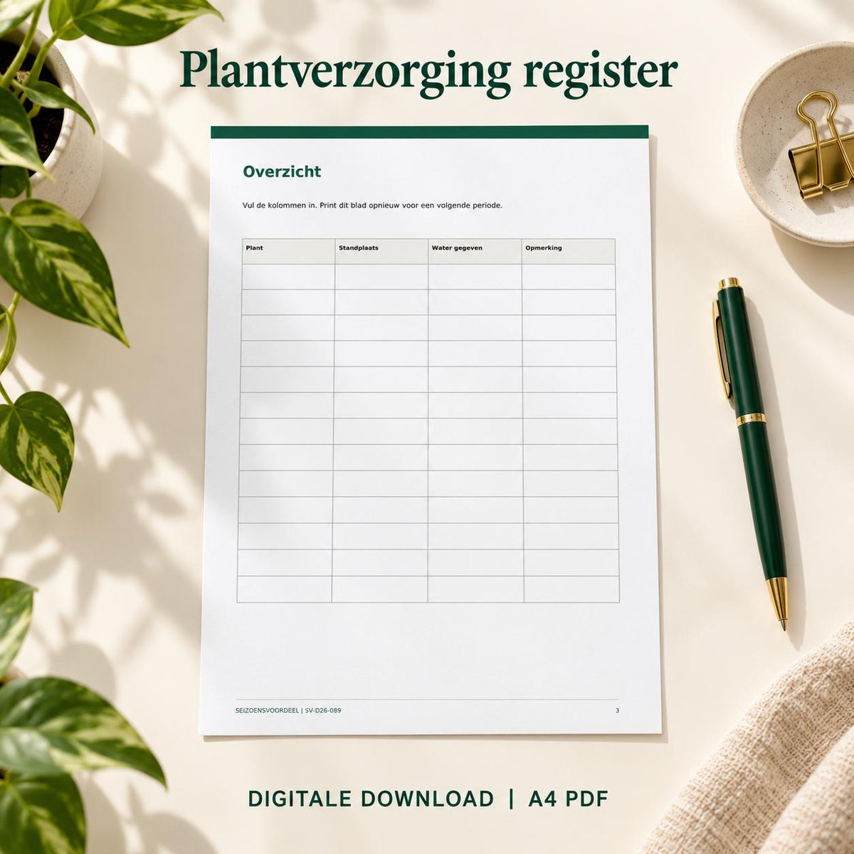 Plantverzorging register | Nederlandse A4 PDF | Digitale download