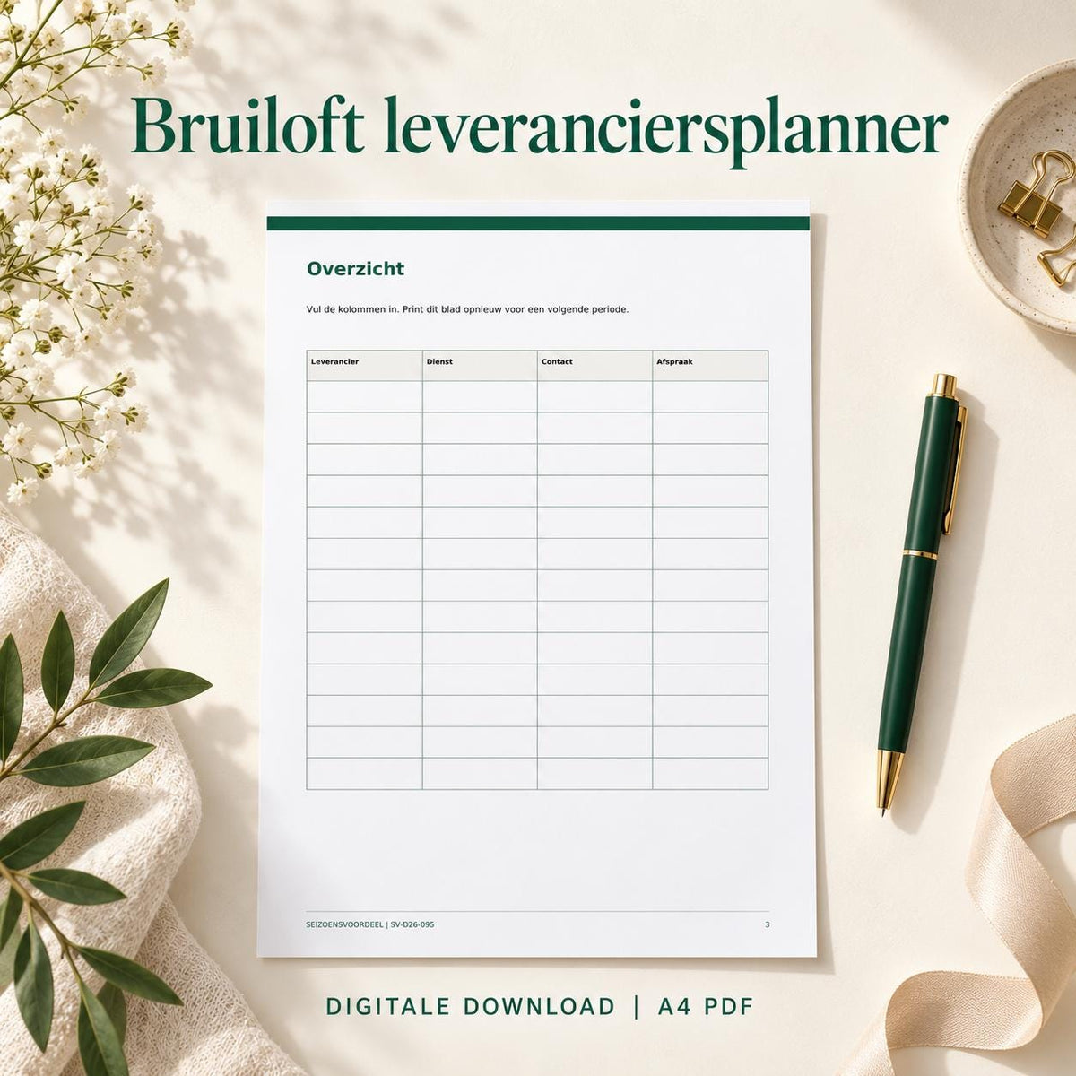Bruiloft leveranciersplanner | Nederlandse A4 PDF | Digitale download