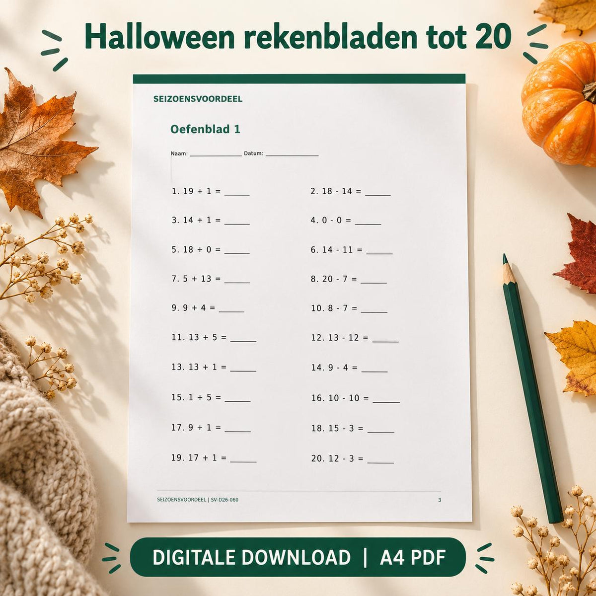 Halloween rekenbladen tot 20 | Nederlandse A4 PDF | Digitale download