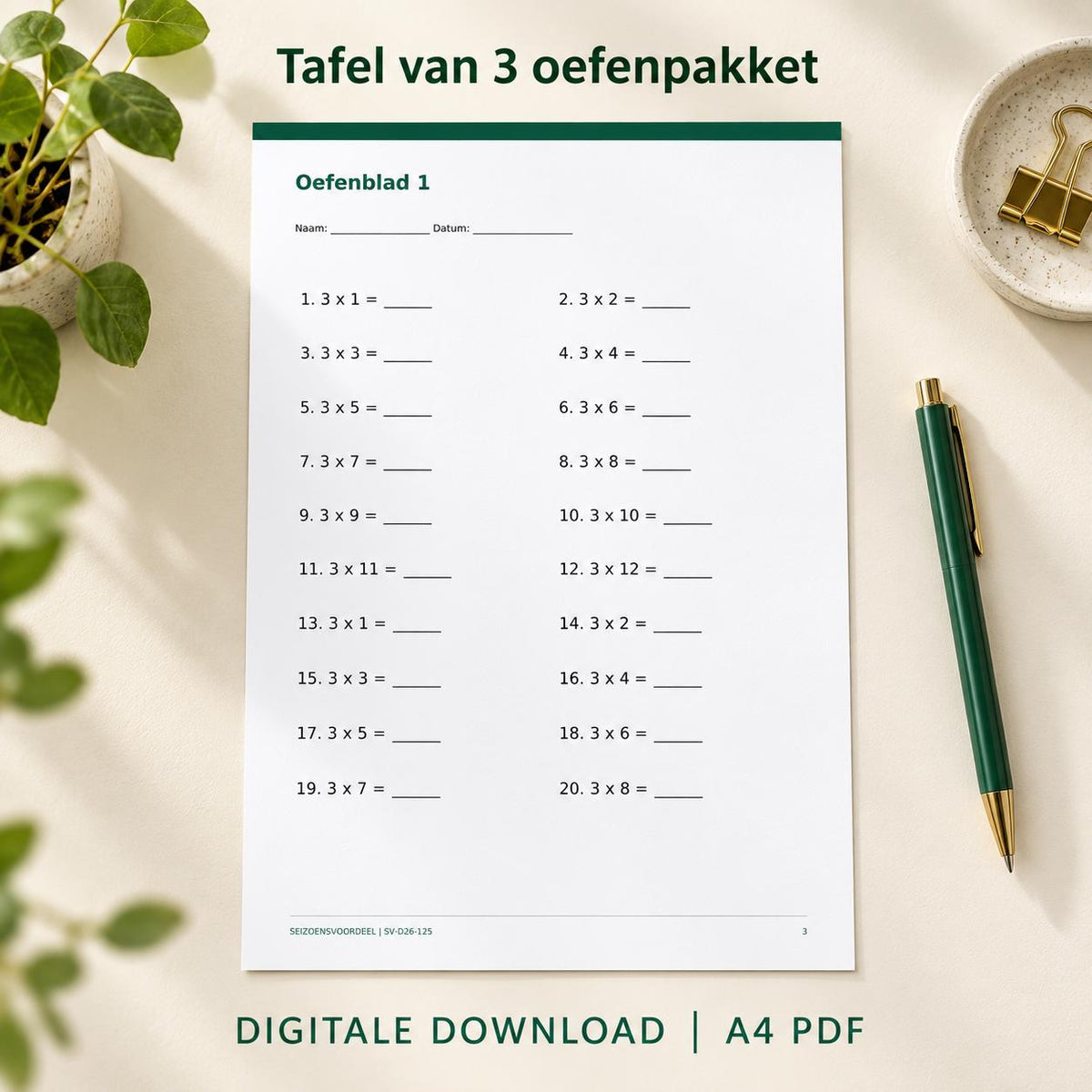 Tafel van 3 oefenpakket | Nederlandse A4 PDF | Digitale download
