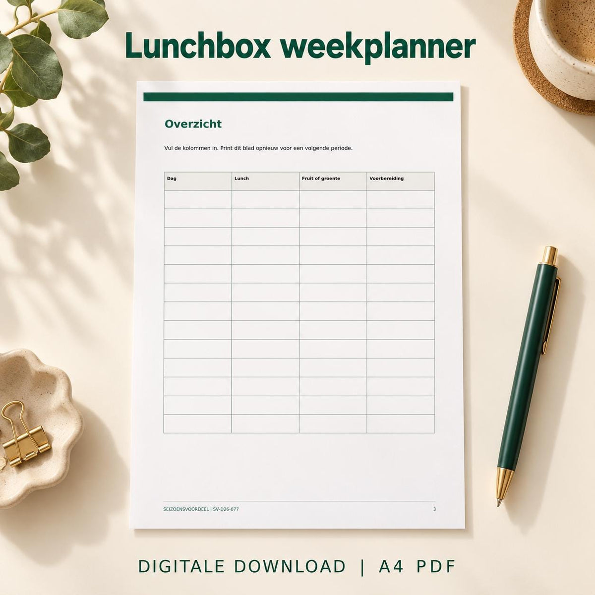 Lunchbox weekplanner | Nederlandse A4 PDF | Digitale download