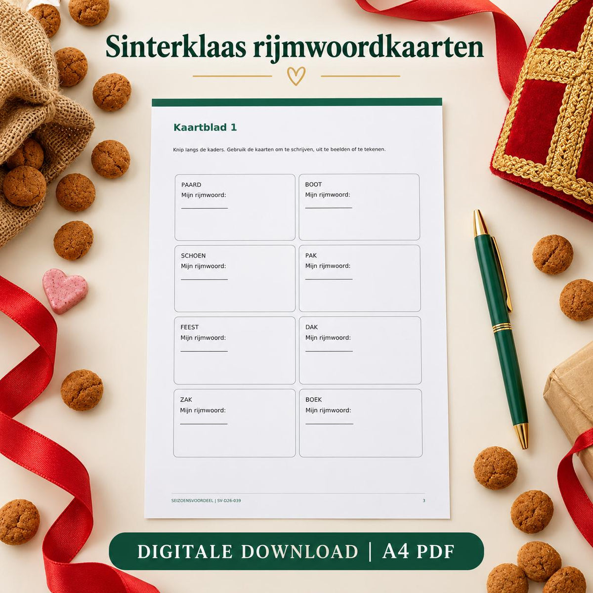 Sinterklaas rijmwoordkaarten | Nederlandse A4 PDF | Digitale download