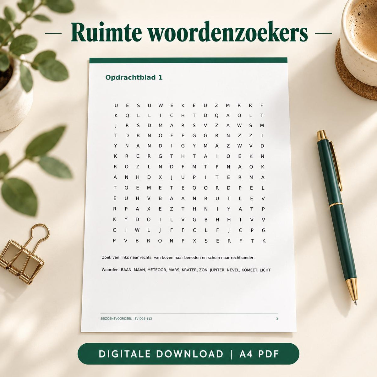 Ruimte woordenzoekers | Nederlandse A4 PDF | Digitale download