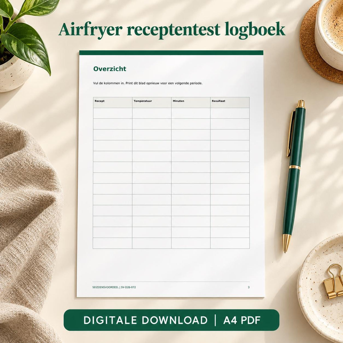 Airfryer receptentest logboek | Nederlandse A4 PDF | Digitale download