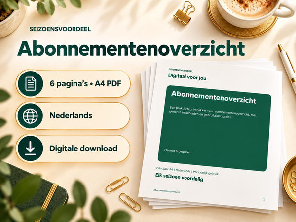 Abonnementenoverzicht – printbare A4 PDF in het Nederlands – digitale download