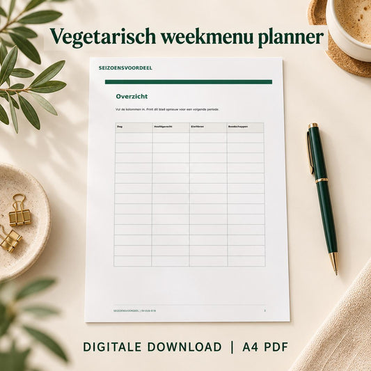 Vegetarisch weekmenu planner | Nederlandse A4 PDF | Digitale download