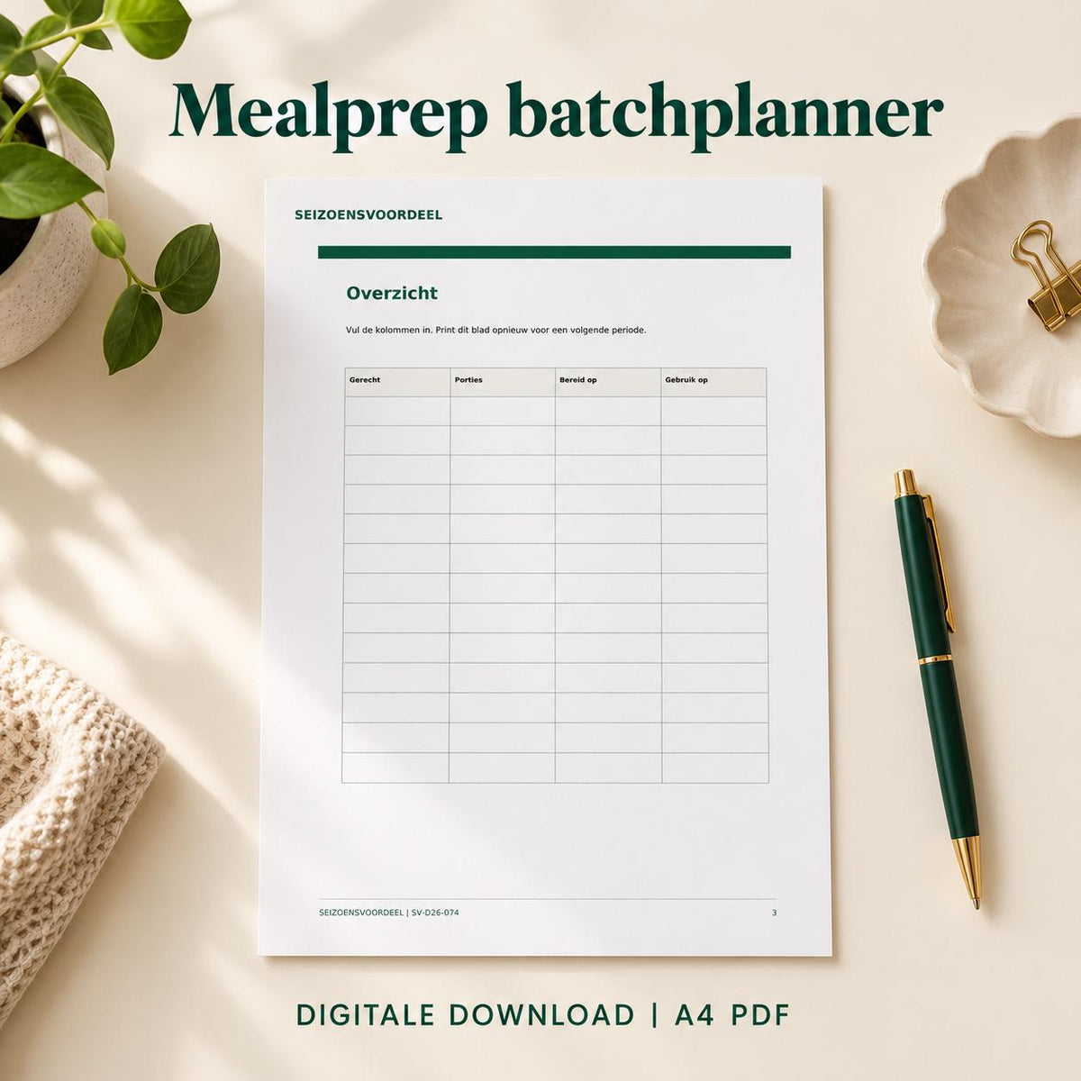 Mealprep batchplanner | Nederlandse A4 PDF | Digitale download