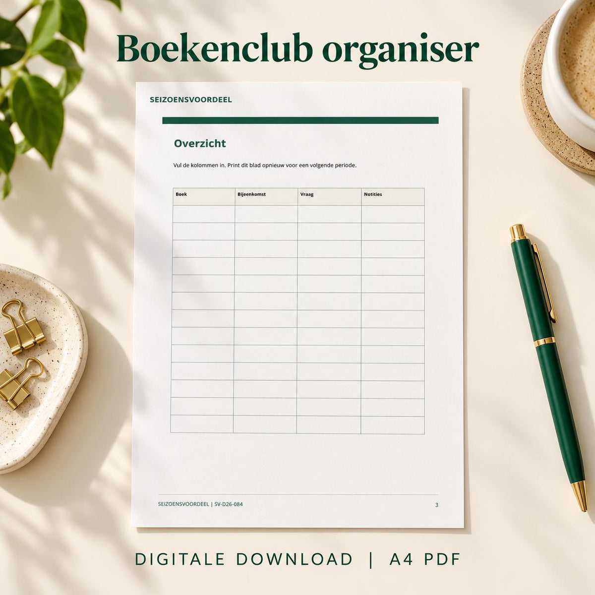 Boekenclub organiser | Nederlandse A4 PDF | Digitale download