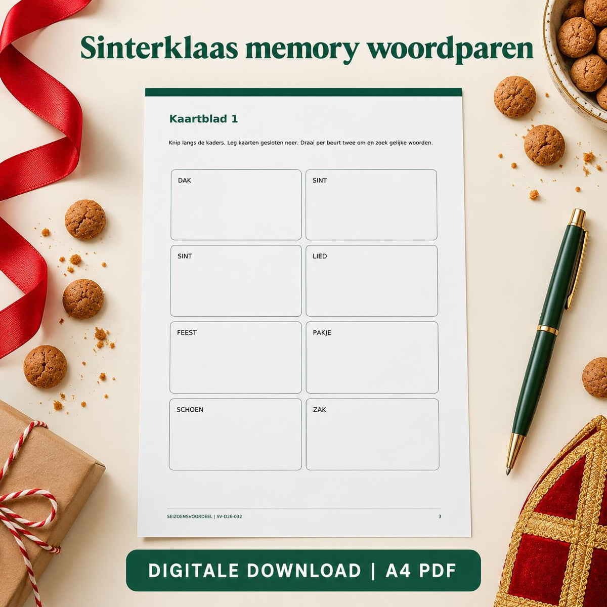 Sinterklaas memory woordparen | Nederlandse A4 PDF | Digitale download