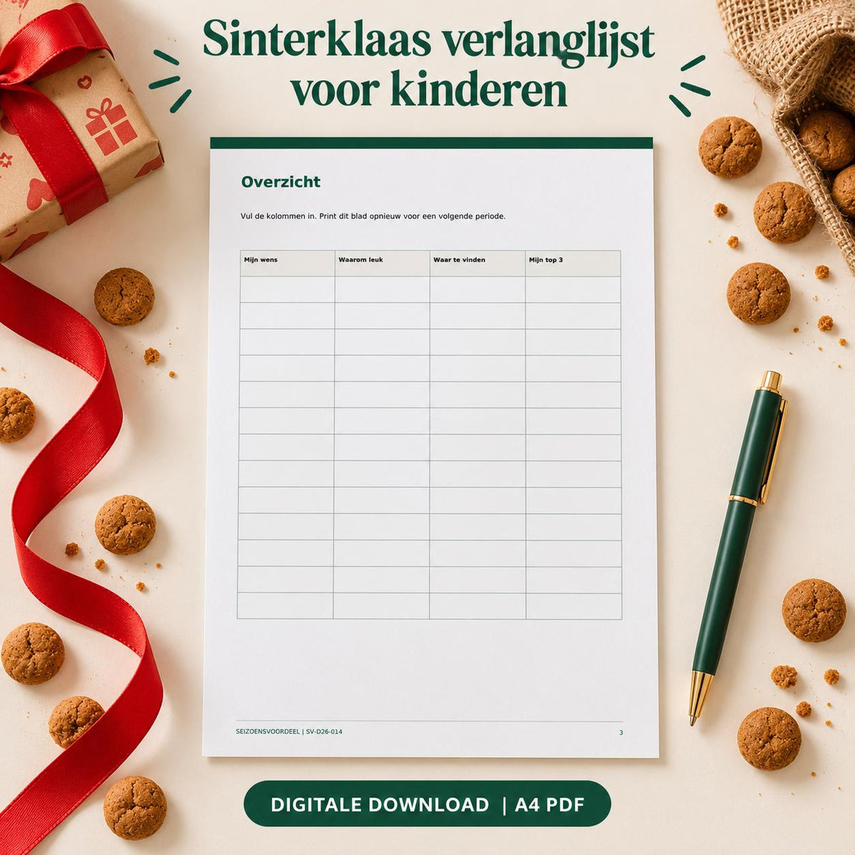 Sinterklaas verlanglijst voor kinderen | Nederlandse A4 PDF | Digitale download