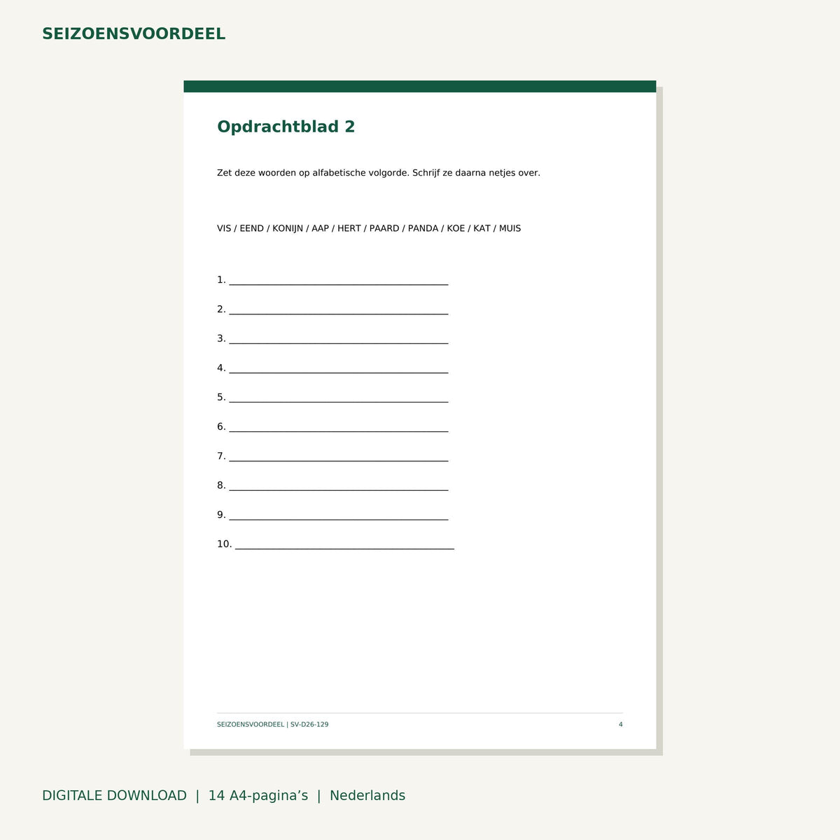 Dieren alfabetwerkboek | Nederlandse A4 PDF | Digitale download