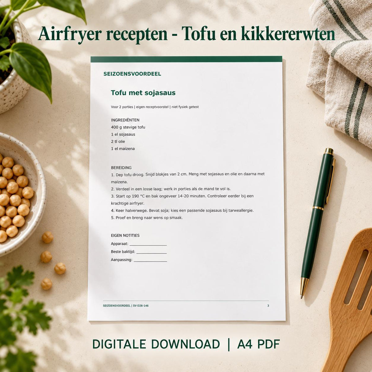 Airfryer recepten - Tofu en kikkererwten | Nederlandse A4 PDF | Digitale download