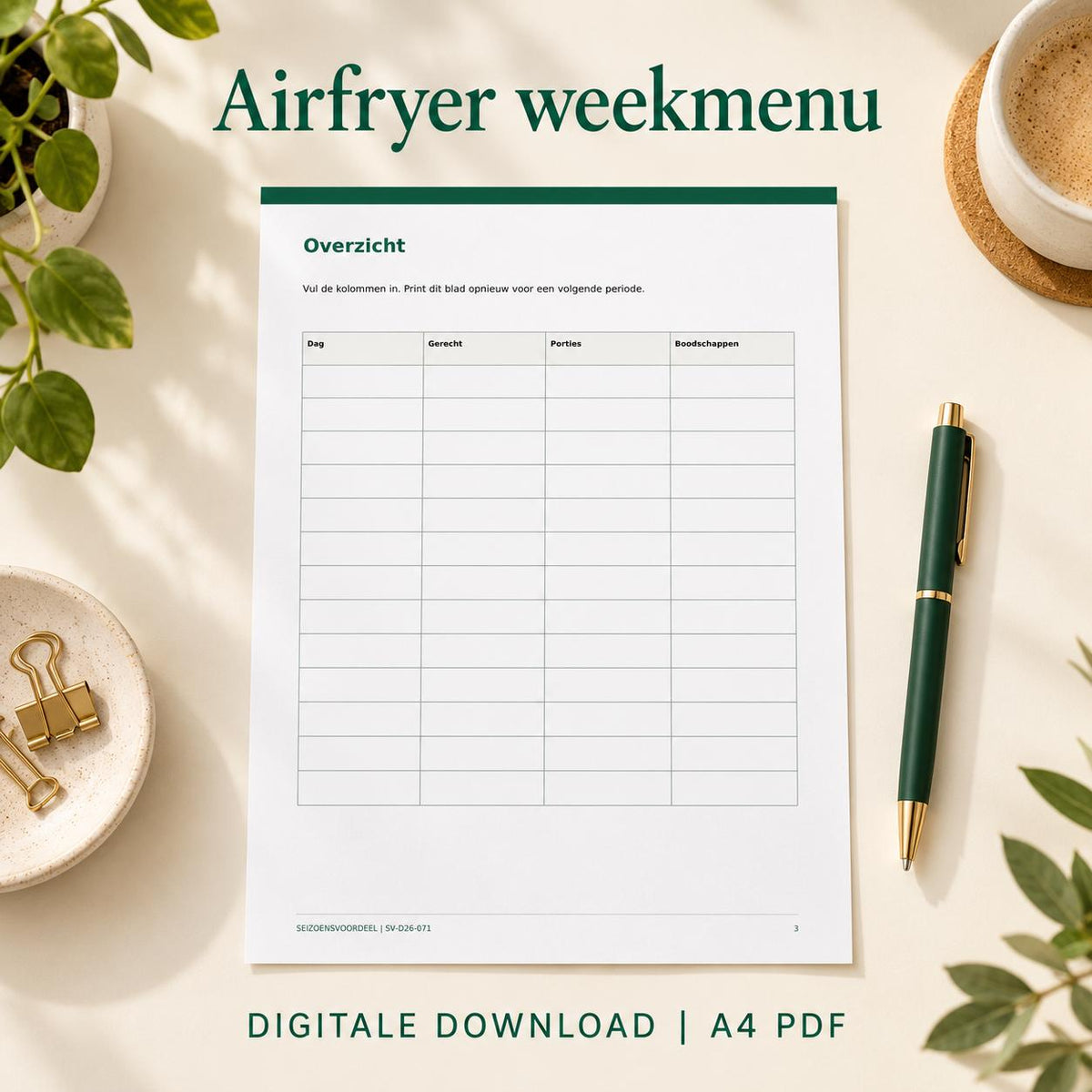Airfryer weekmenu | Nederlandse A4 PDF | Digitale download