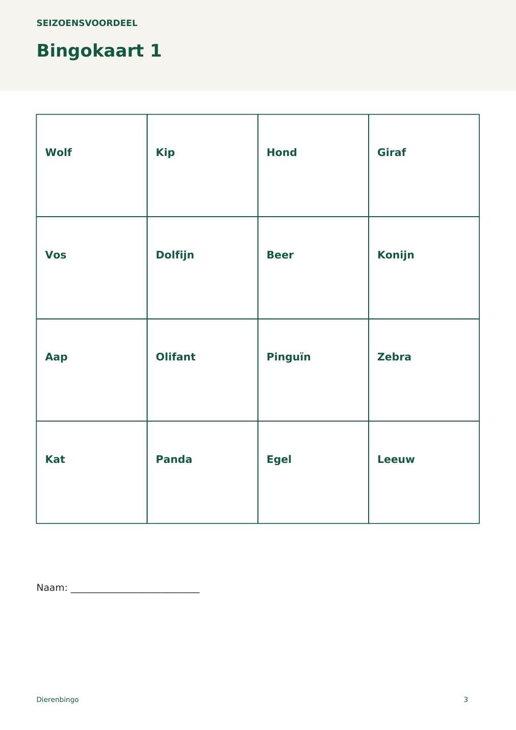 Dierenbingo – printbare A4 PDF in het Nederlands – digitale download