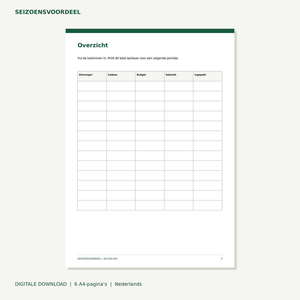 Sinterklaas cadeauregister | Nederlandse A4 PDF | Digitale download