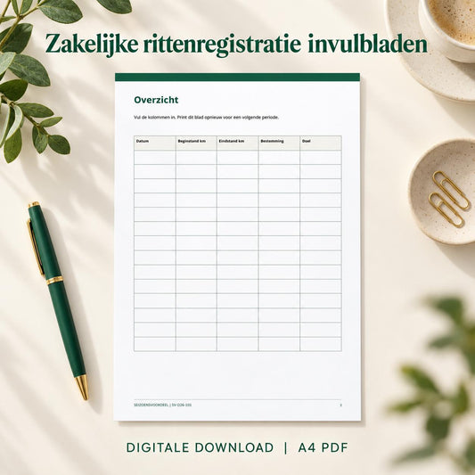 Zakelijke rittenregistratie invulbladen | Nederlandse A4 PDF | Digitale download