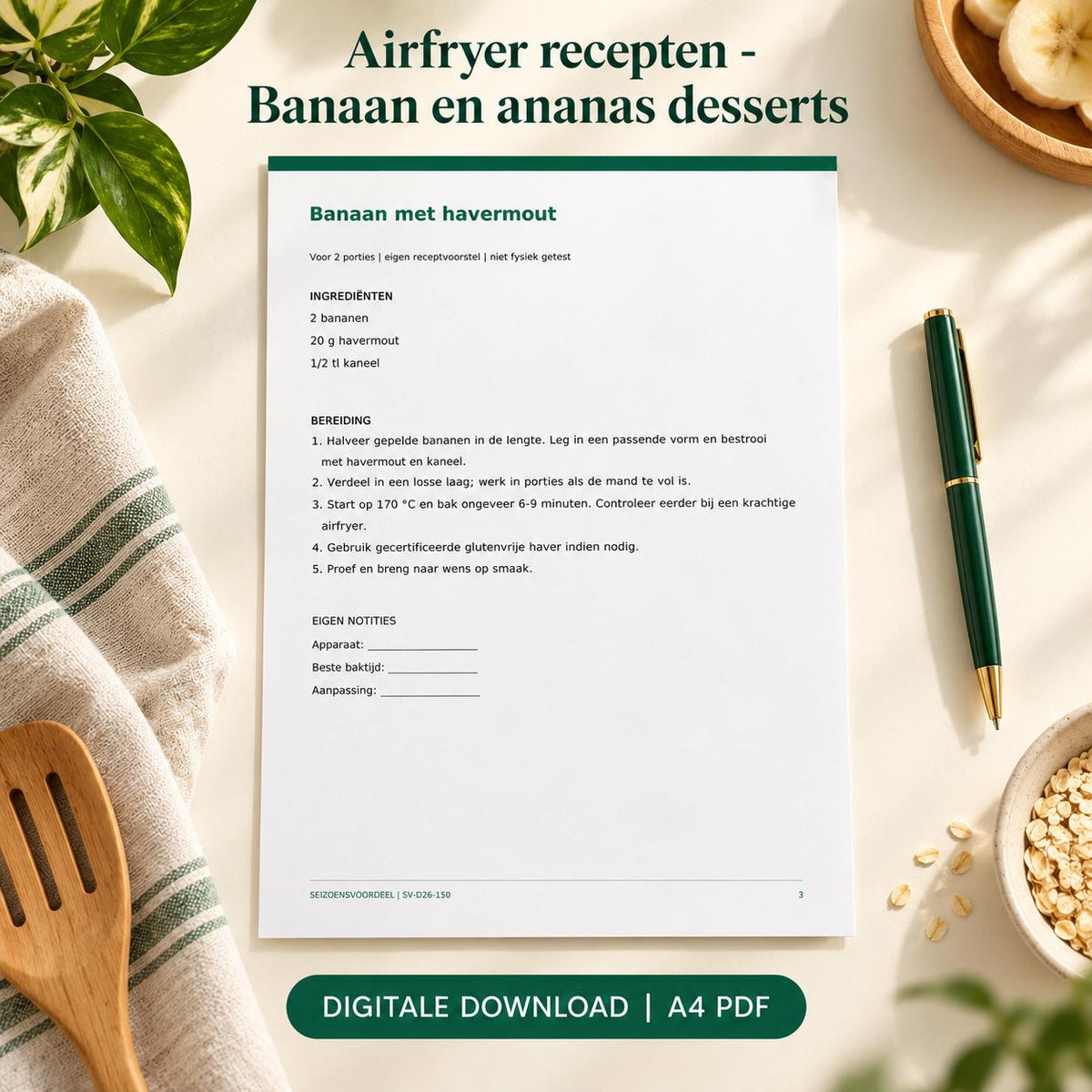 Airfryer recepten - Banaan en ananas desserts | Nederlandse A4 PDF | Digitale download