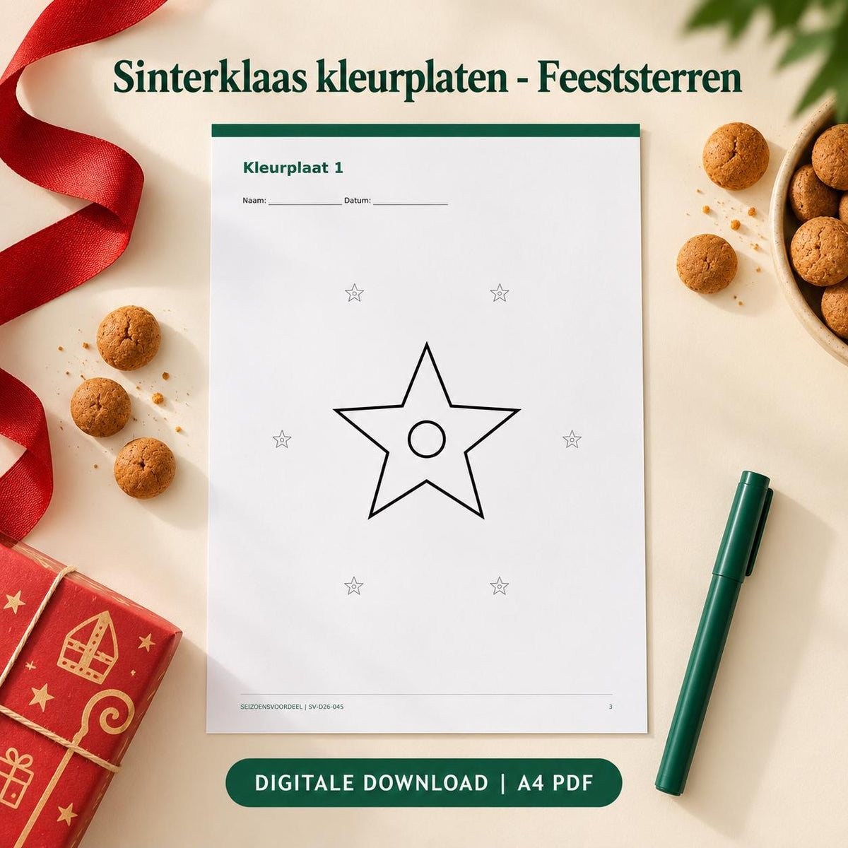 Sinterklaas kleurplaten - Feeststerren | Nederlandse A4 PDF | Digitale download