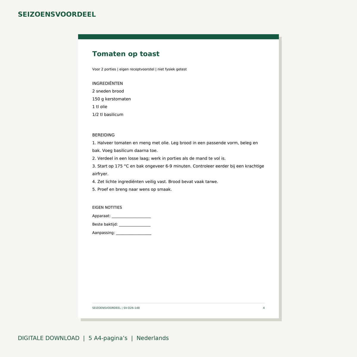 Airfryer recepten - Snelle vegetarische lunch | Nederlandse A4 PDF | Digitale download