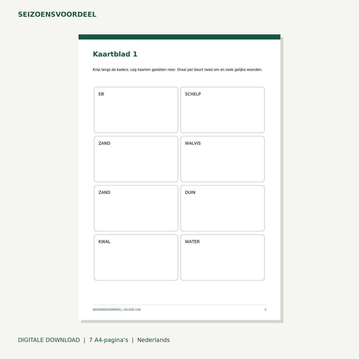 Oceaan memory woordparen | Nederlandse A4 PDF | Digitale download