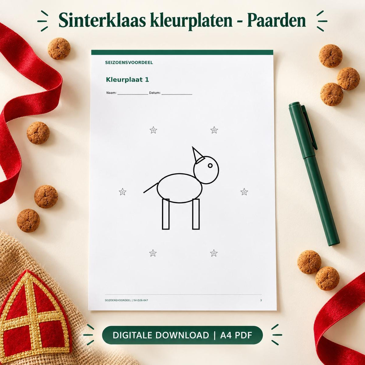 Sinterklaas kleurplaten - Paarden | Nederlandse A4 PDF | Digitale download