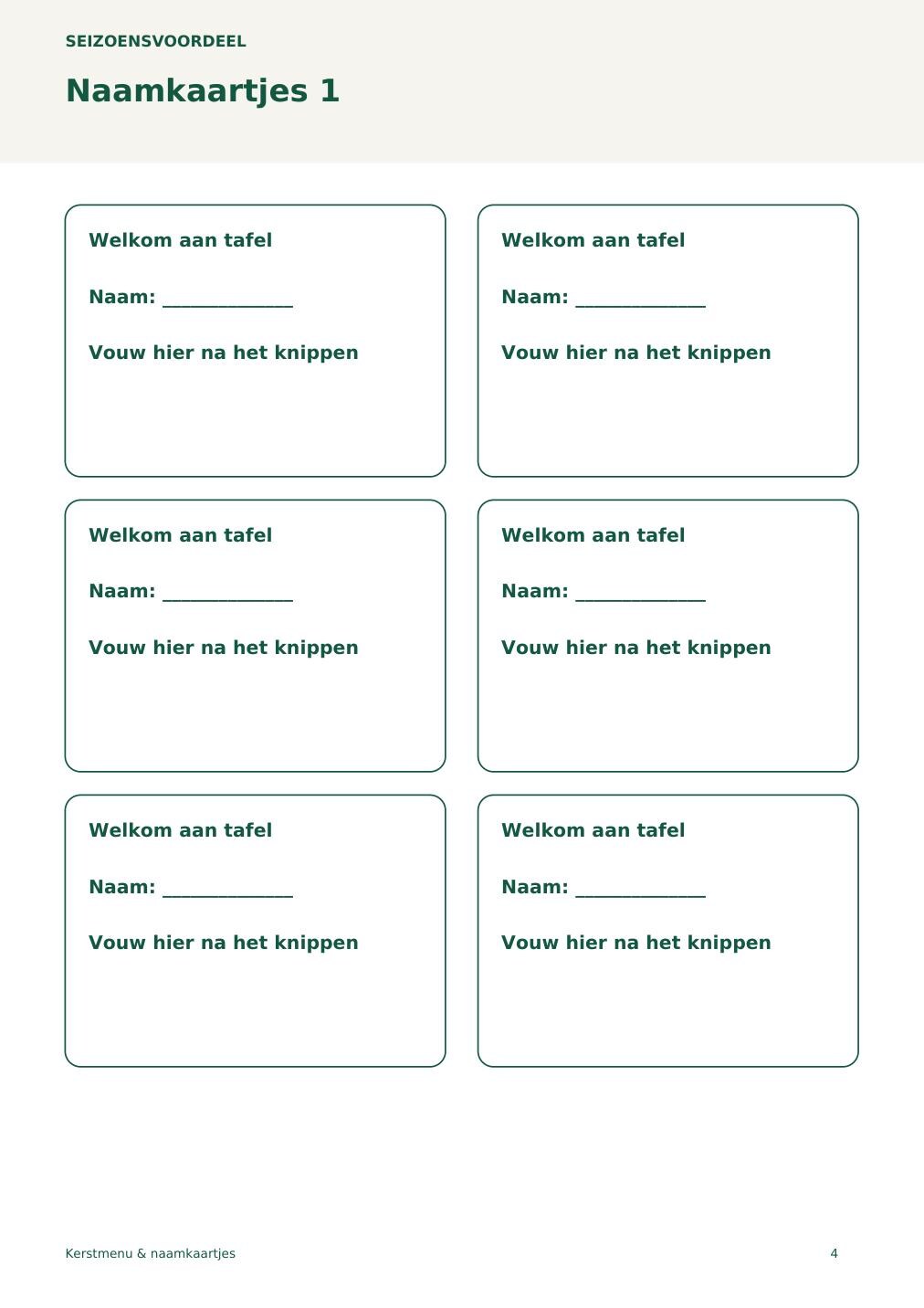 Kerstmenu & naamkaartjes – printbare A4 PDF in het Nederlands – digitale download