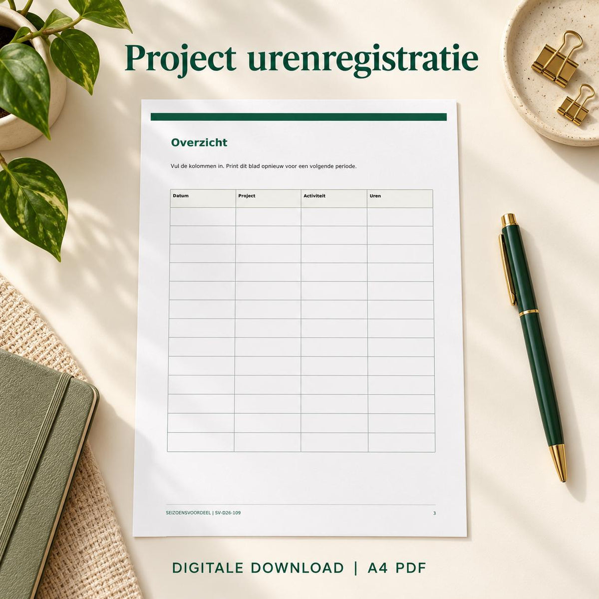 Project urenregistratie | Nederlandse A4 PDF | Digitale download