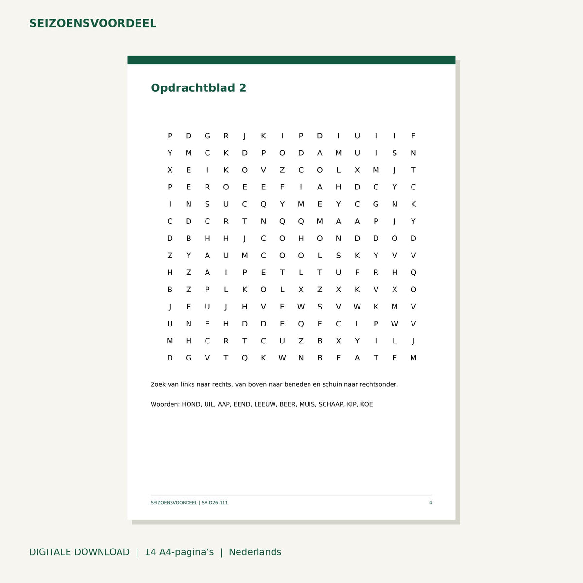 Dieren woordenzoekers | Nederlandse A4 PDF | Digitale download