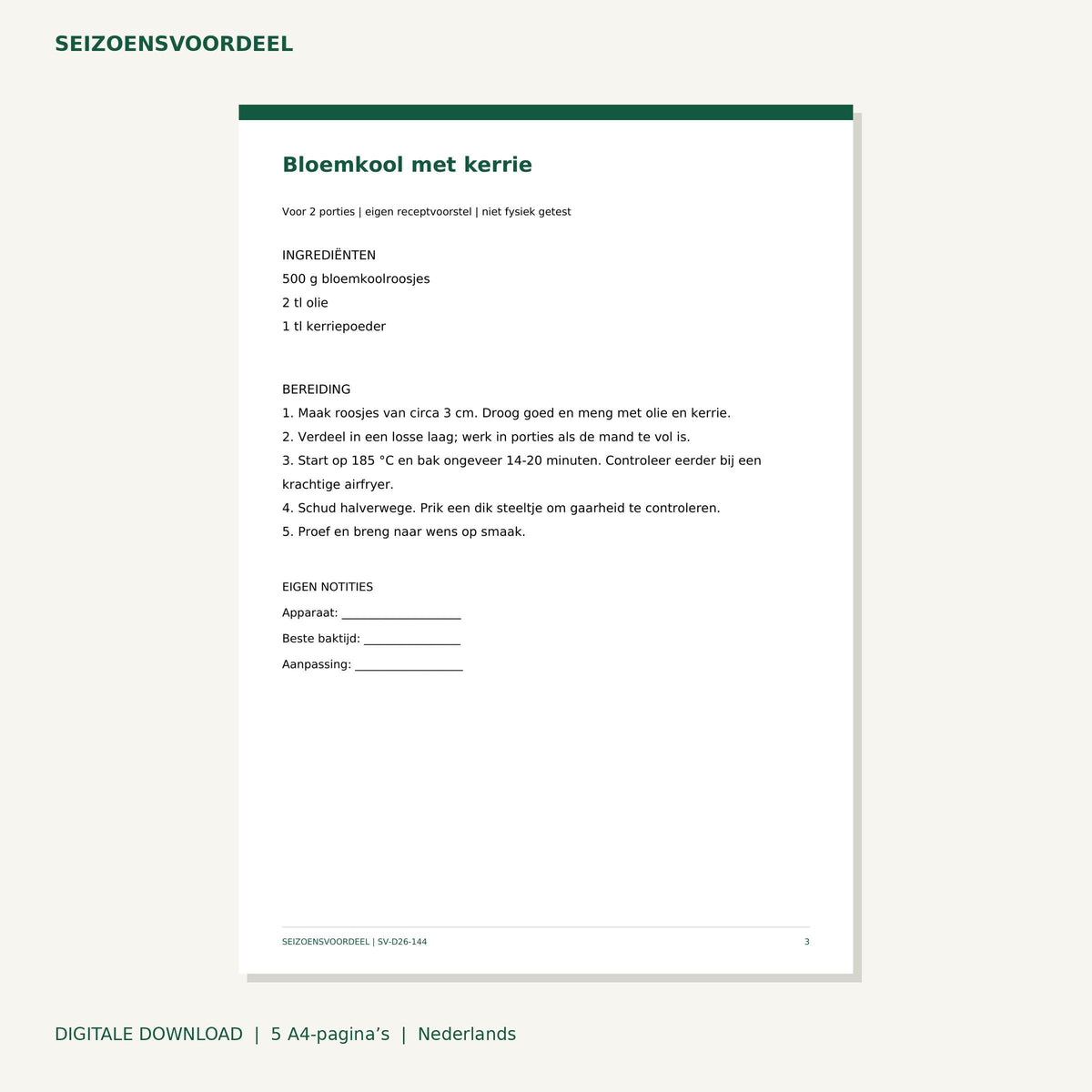 Airfryer recepten - Groene en witte groenten | Nederlandse A4 PDF | Digitale download