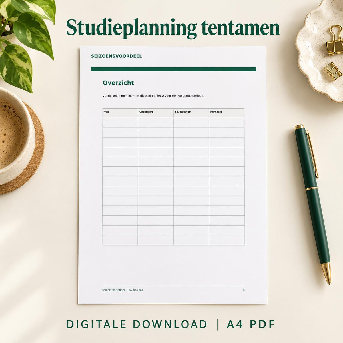 Studieplanning tentamen | Nederlandse A4 PDF | Digitale download