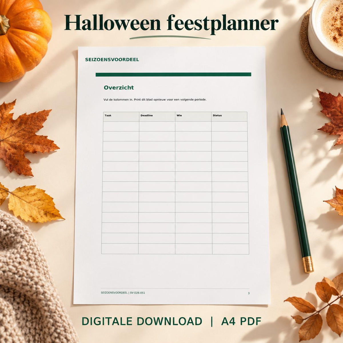 Halloween feestplanner | Nederlandse A4 PDF | Digitale download