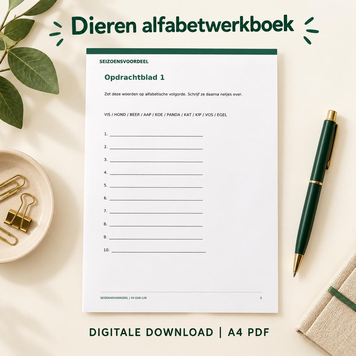 Dieren alfabetwerkboek | Nederlandse A4 PDF | Digitale download