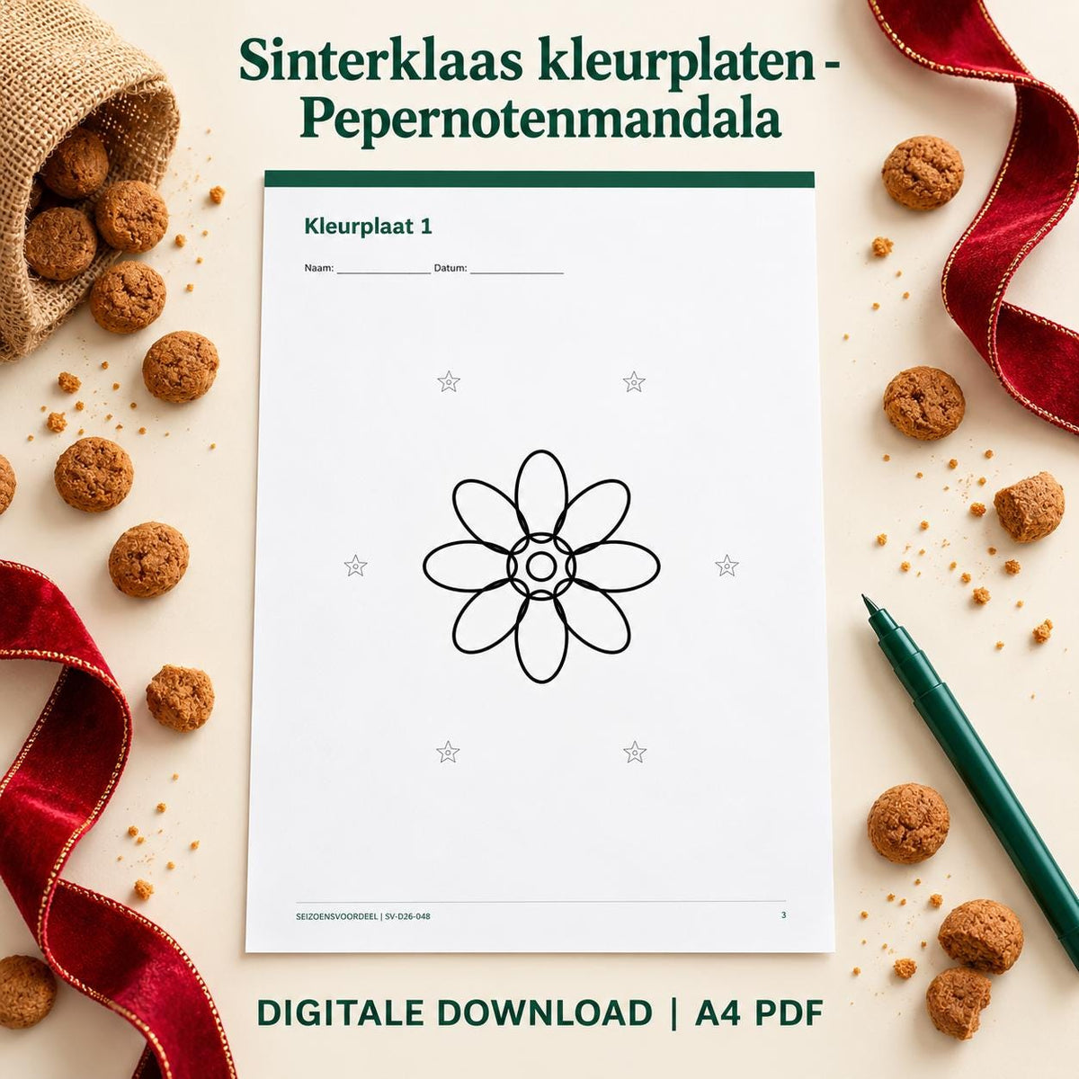 Sinterklaas kleurplaten - Pepernotenmandala | Nederlandse A4 PDF | Digitale download