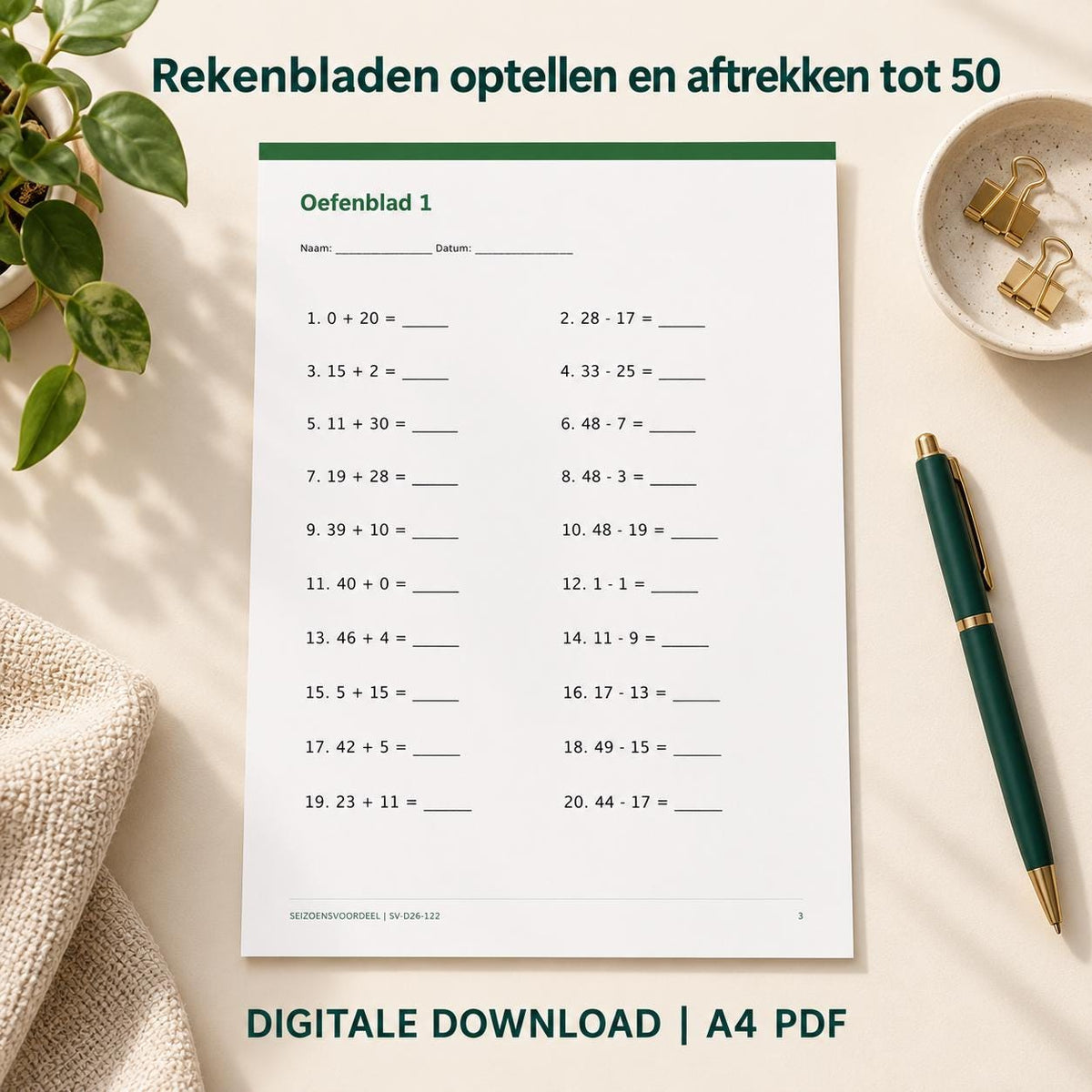 Rekenbladen optellen en aftrekken tot 50 | Nederlandse A4 PDF | Digitale download