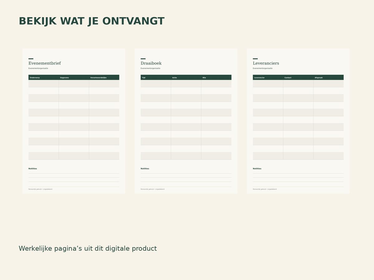 Evenementorganisatie — printbare planner inhoud