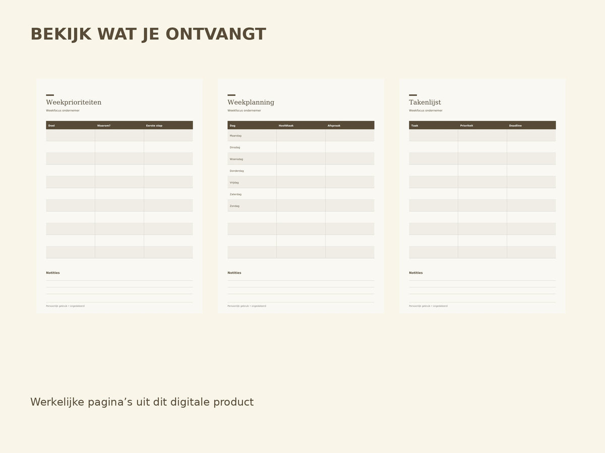 Weekfocus ondernemer — printbare planner inhoud