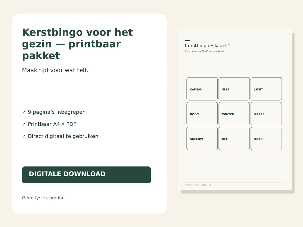 Kerstbingo voor het gezin — printbaar pakket hoofdfoto