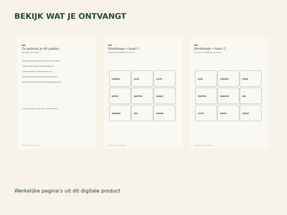 Kerstbingo voor het gezin — printbaar pakket inhoud