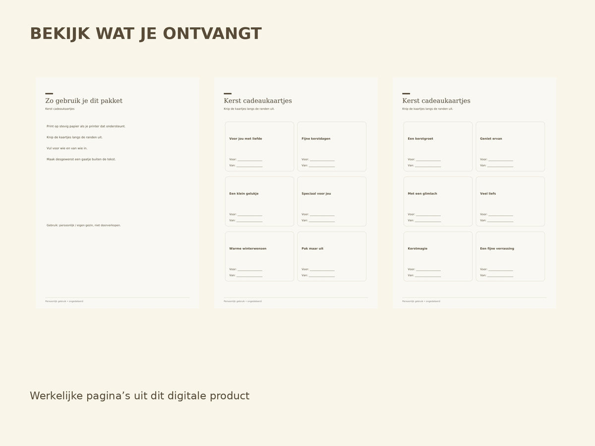 Kerst cadeaukaartjes — printbaar pakket inhoud