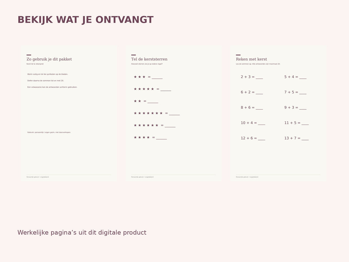 Kerst tel & rekenpret — printbaar pakket inhoud