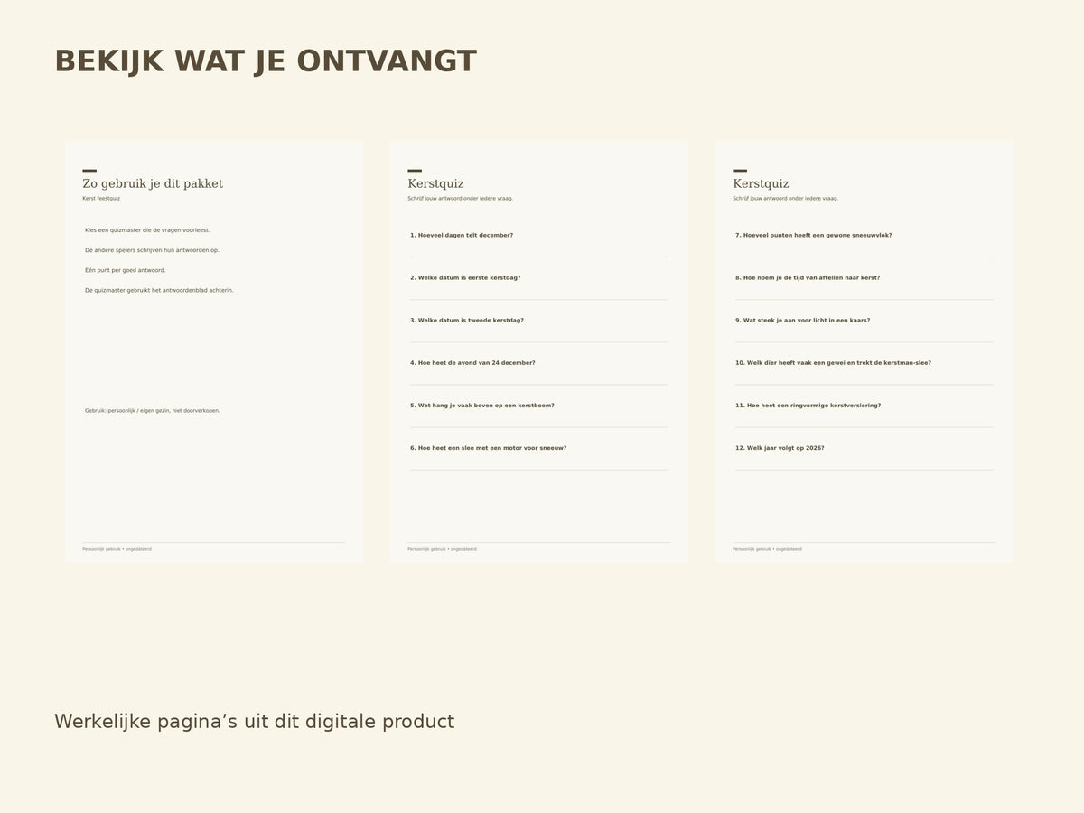 Kerst feestquiz — printbaar pakket inhoud