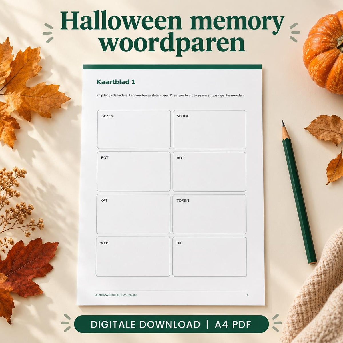 Halloween memory woordparen | Nederlandse A4 PDF | Digitale download