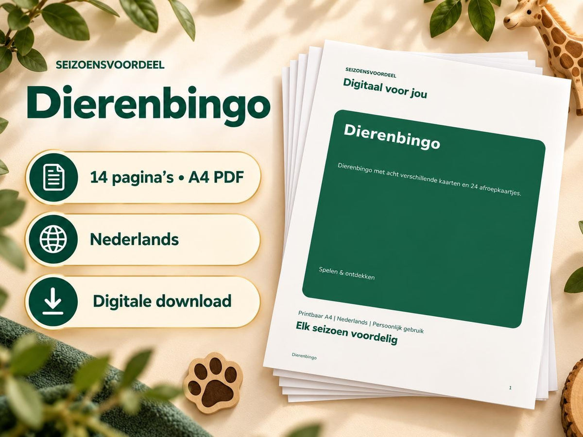 Dierenbingo – printbare A4 PDF in het Nederlands – digitale download