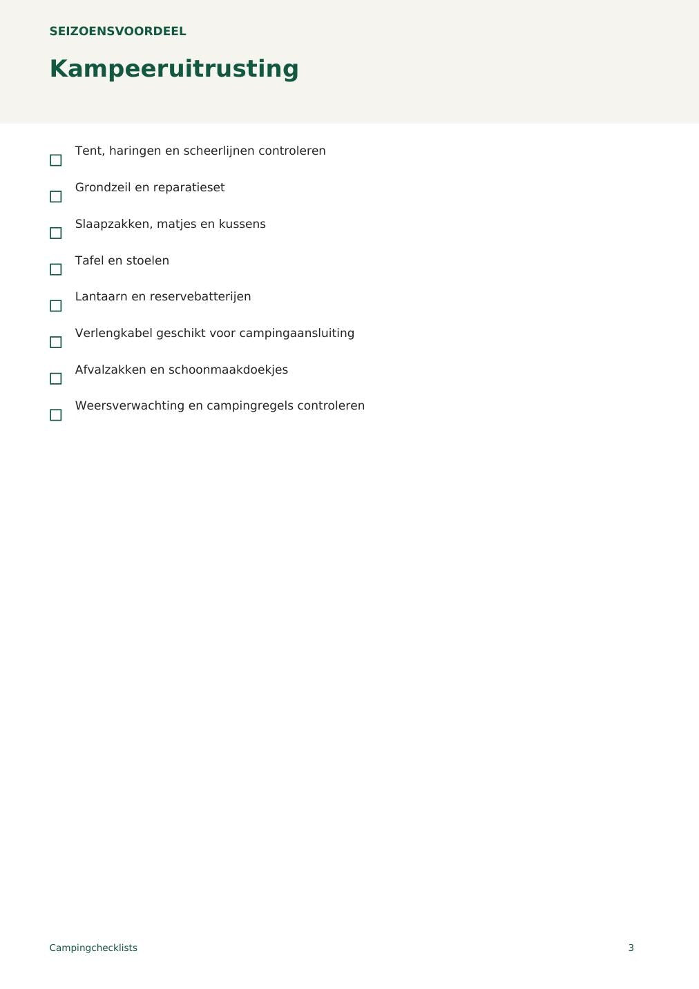 Campingchecklists – printbare A4 PDF in het Nederlands – digitale download