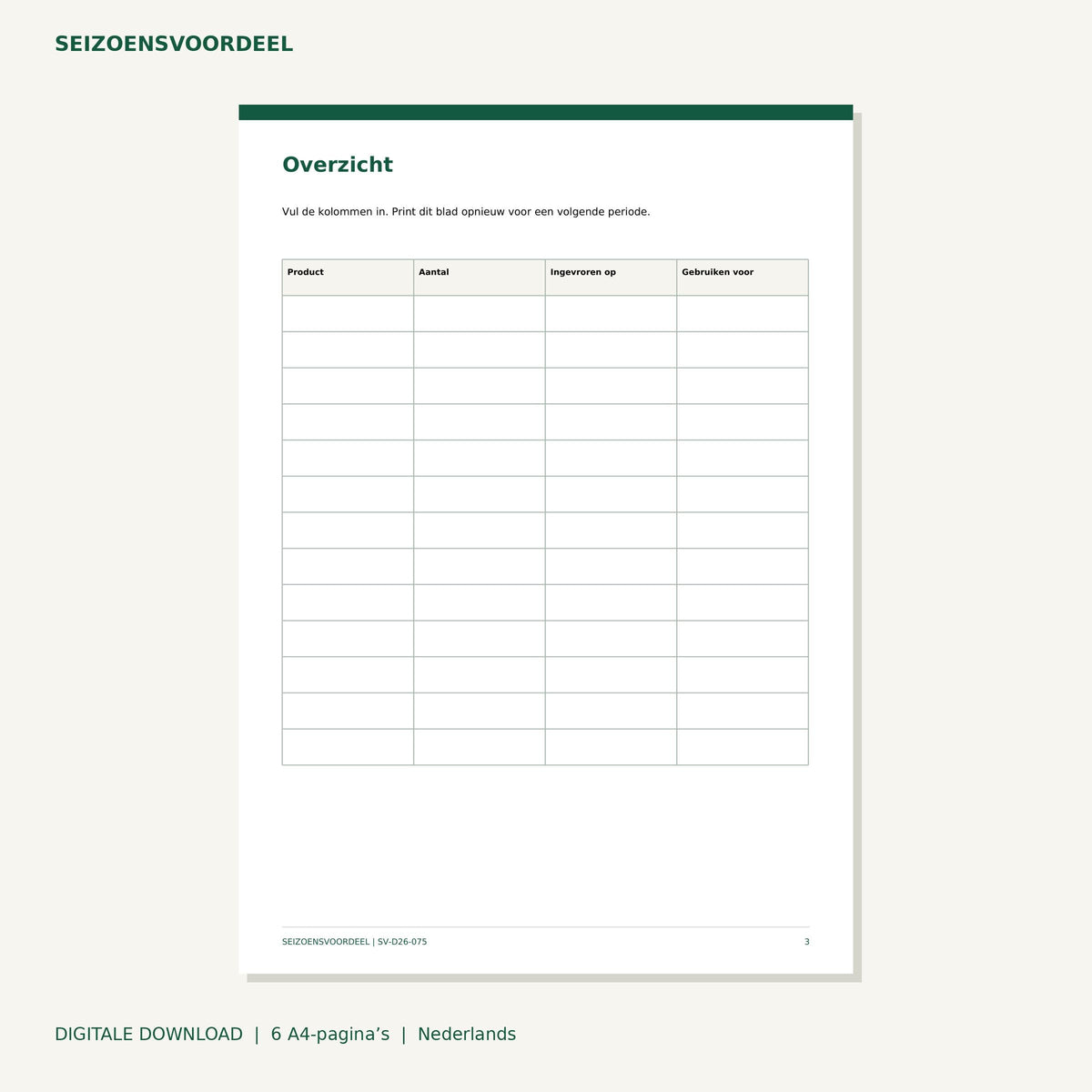 Vriezerinventaris | Nederlandse A4 PDF | Digitale download