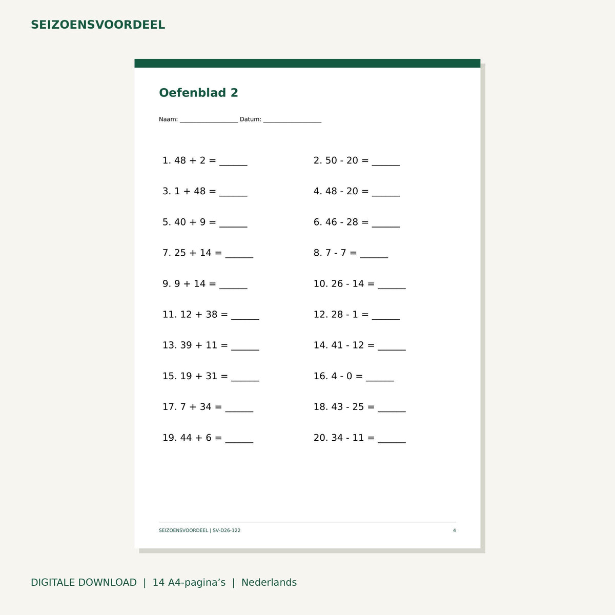 Rekenbladen optellen en aftrekken tot 50 | Nederlandse A4 PDF | Digitale download
