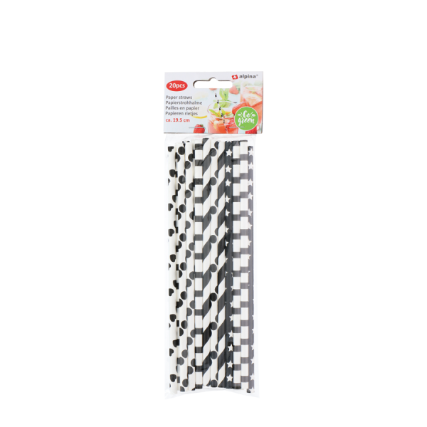 Alpina Papieren Rietjes Zwar-Wit 19,5cm 20 stuks