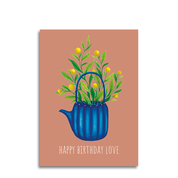 Art by Andu Wenskaart Terracotta Tea Pot Blue Stripes
