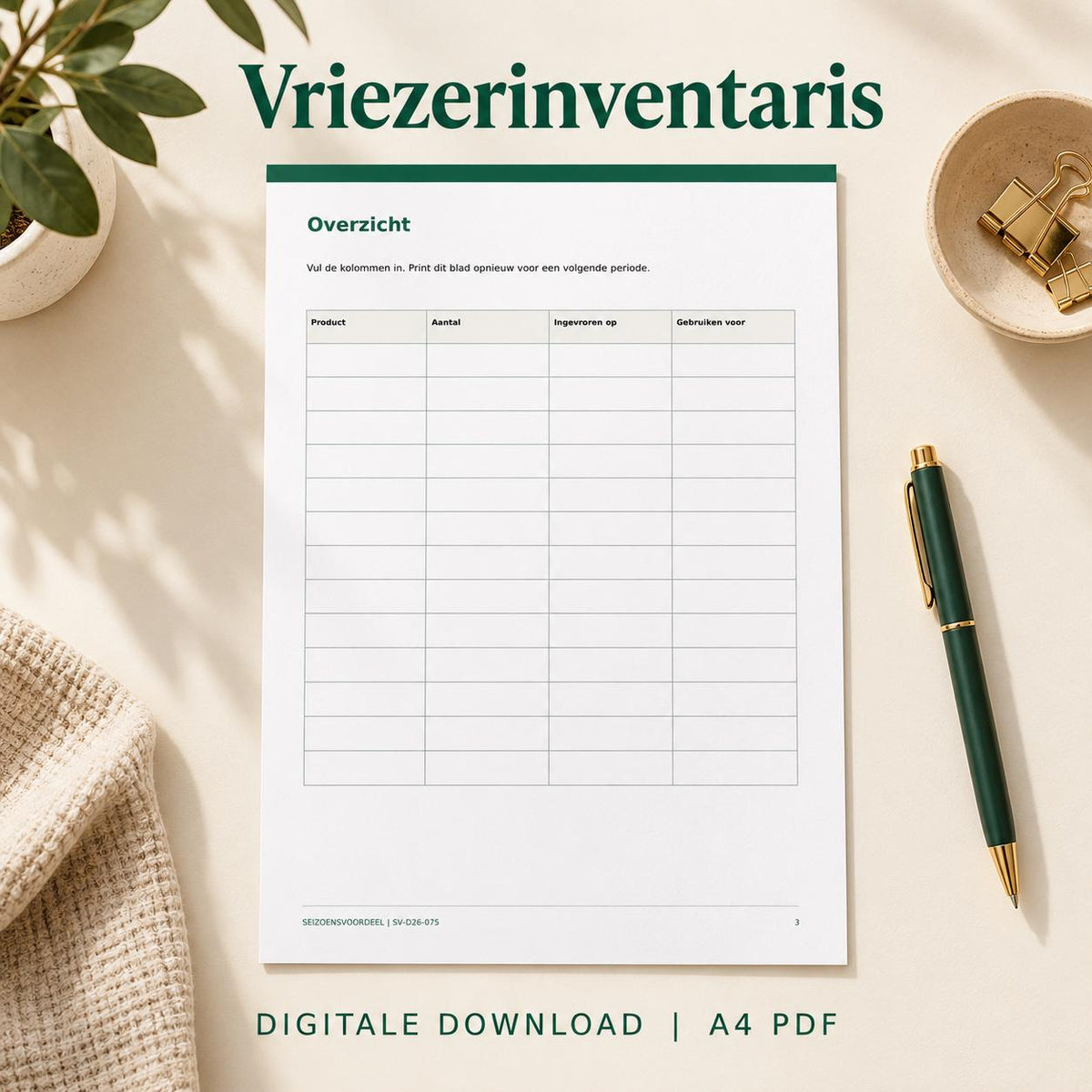 Vriezerinventaris | Nederlandse A4 PDF | Digitale download