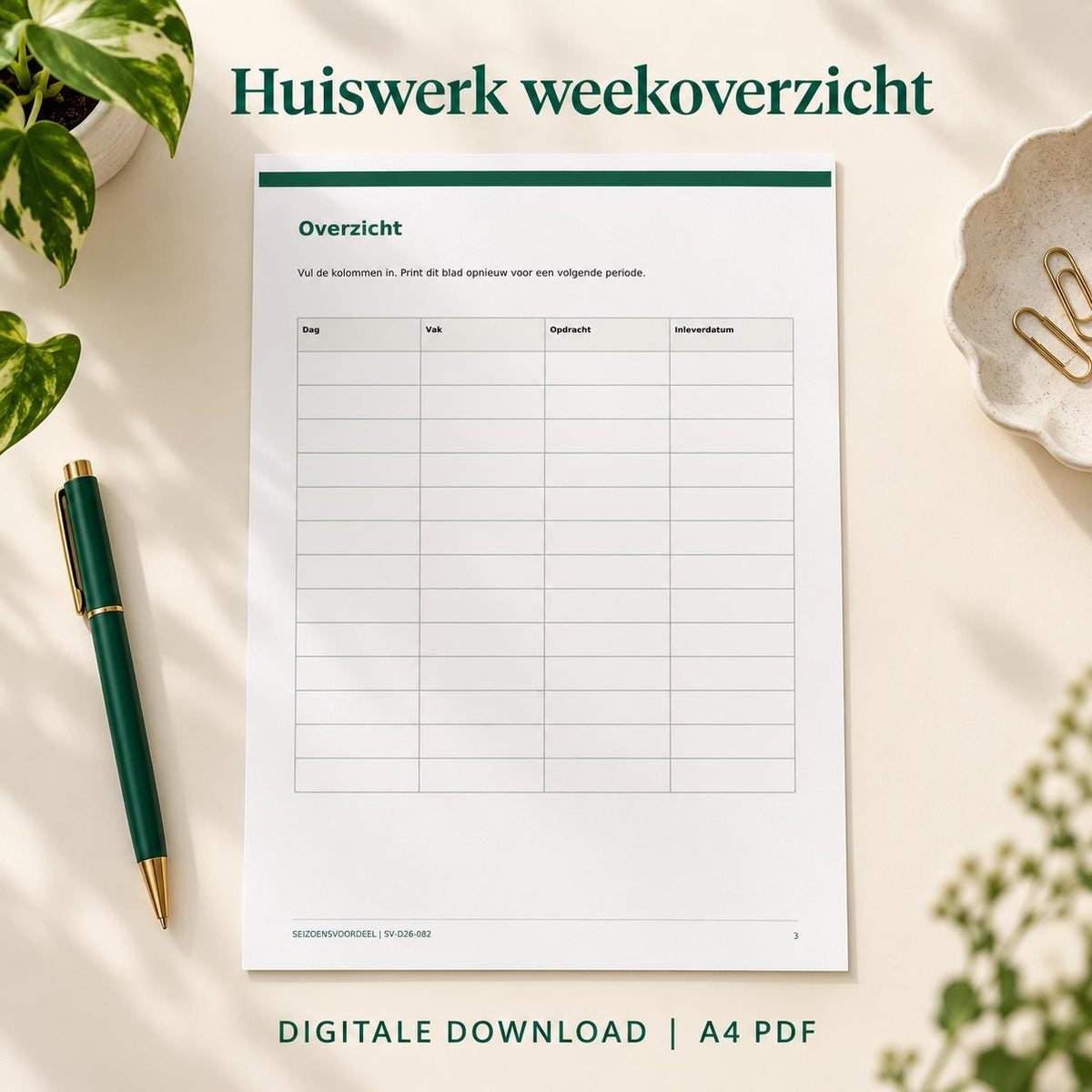 Huiswerk weekoverzicht | Nederlandse A4 PDF | Digitale download
